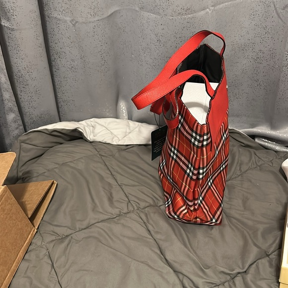 BURBERRY Red Plaid Tote Bag - Picture 3 of 10